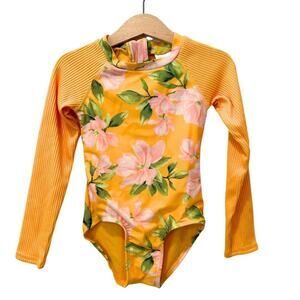 Art Class Long Sleeve One Piece Swimsuit Floral Print Yellow and Pink XS